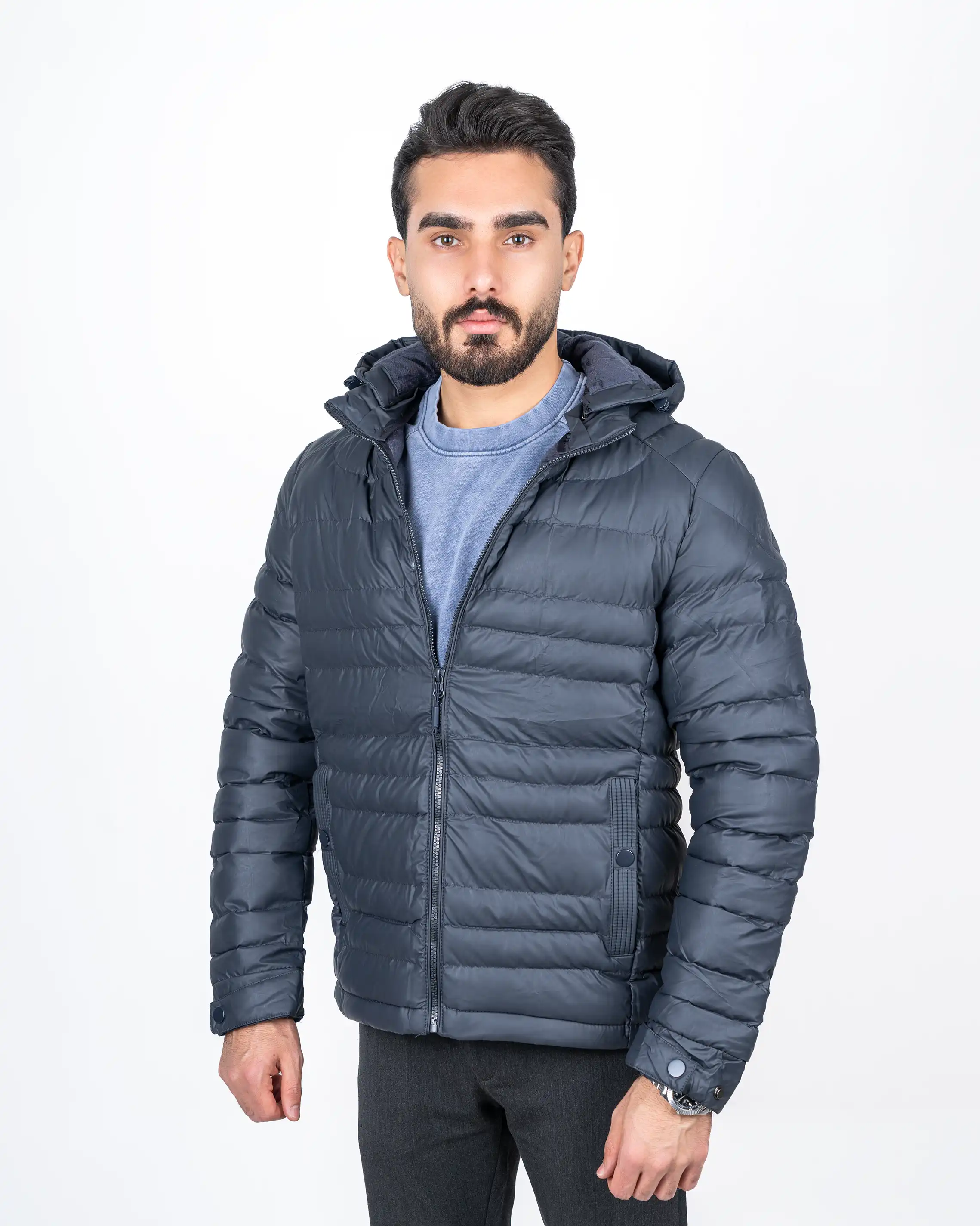کاپشن زمستانی بادی کلاه دار چرم 